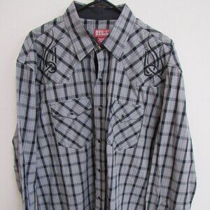 Red Ranch Black/Gray Plaid Embroidered Long Sleeve Pearl Snap Western Shirt 2XL